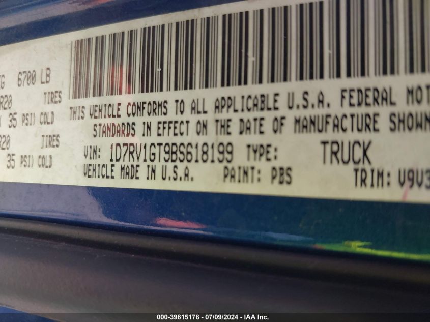 2011 Ram Ram 1500 Slt VIN: 1D7RV1GT9BS618199 Lot: 39815178