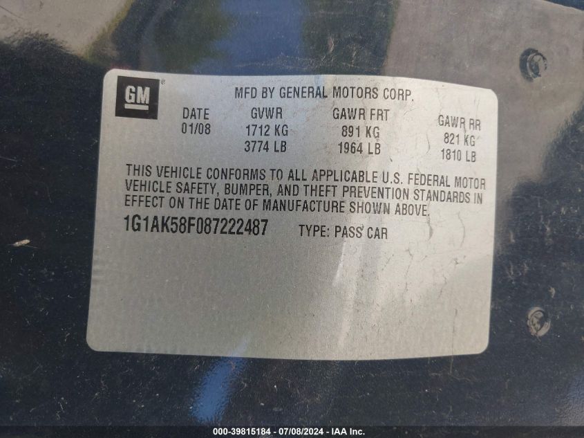 2008 Chevrolet Cobalt Ls VIN: 1G1AK58F087222487 Lot: 39815184