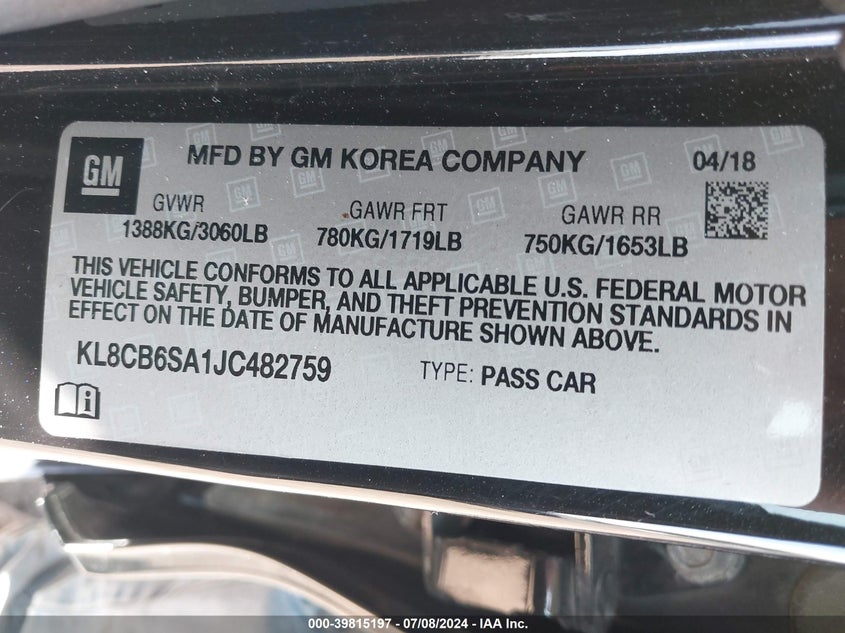 KL8CB6SA1JC482759 2018 Chevrolet Spark Ls Cvt