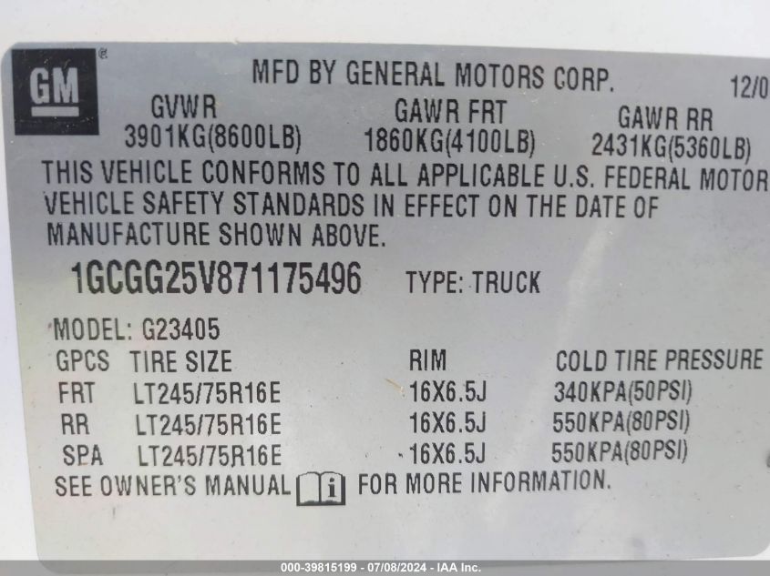 1GCGG25V871175496 2007 Chevrolet Express Work Van