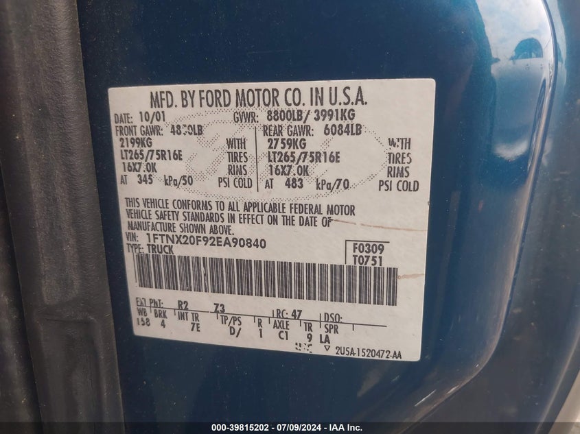 2002 Ford F-250 Lariat/Xl/Xlt VIN: 1FTNX20F92EA90840 Lot: 39815202