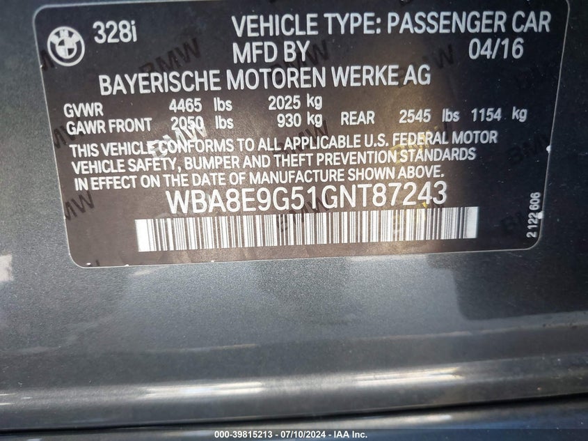 2016 BMW 328I - WBA8E9G51GNT87243