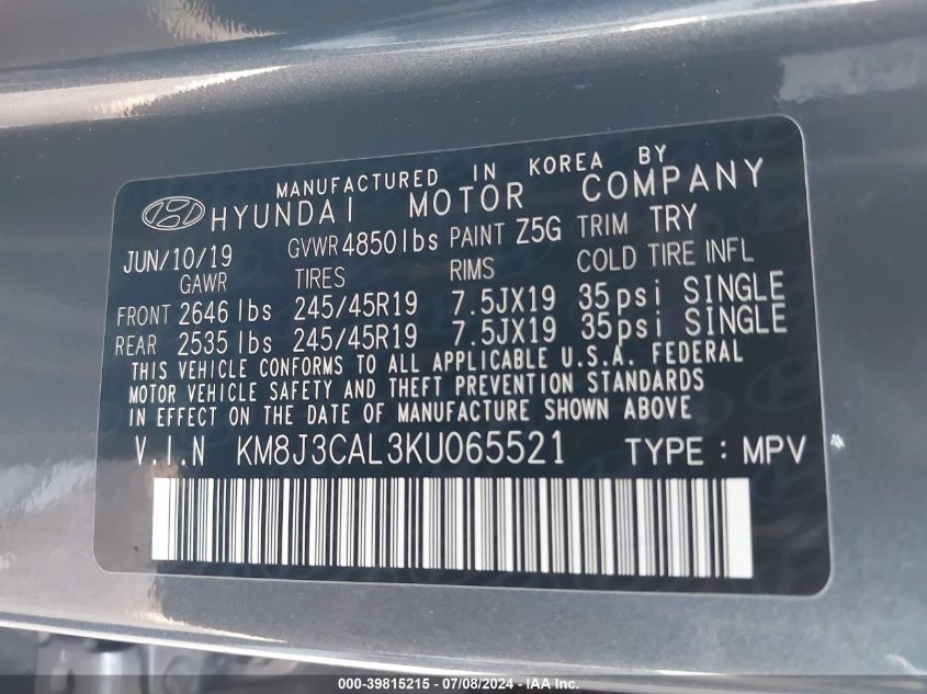 2019 Hyundai Tucson Sport VIN: KM8J3CAL3KU065521 Lot: 39815215