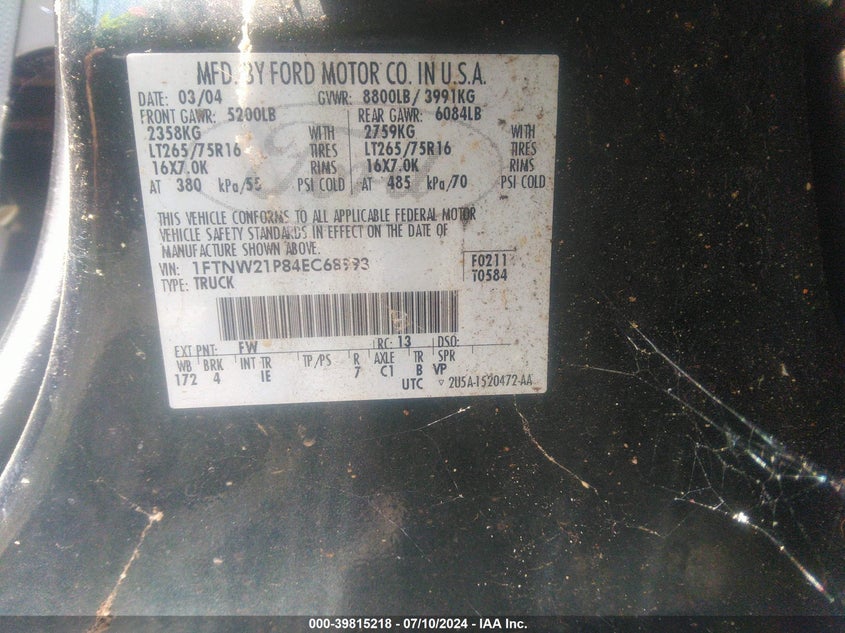2004 Ford F-250 Lariat/Xl/Xlt VIN: 1FTNW21P84EC68993 Lot: 39815218