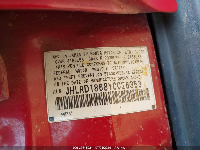 2000 Honda Cr-V Ex VIN: JHLRD1868YC026353 Lot: 39815221