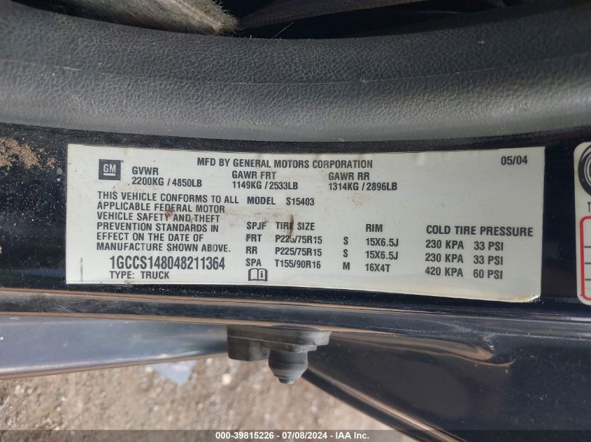 2004 Chevrolet Colorado Ls VIN: 1GCCS148048211364 Lot: 39815226