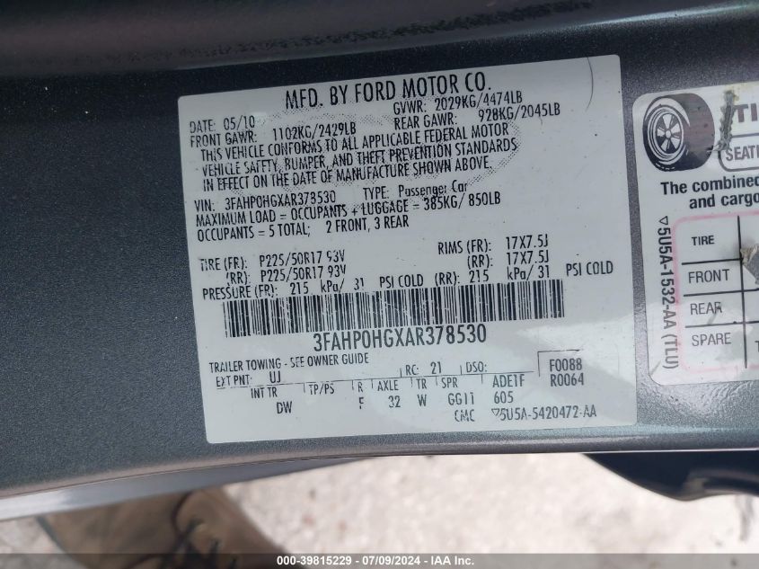 2010 Ford Fusion Se VIN: 3FAHP0HGXAR378530 Lot: 39815229