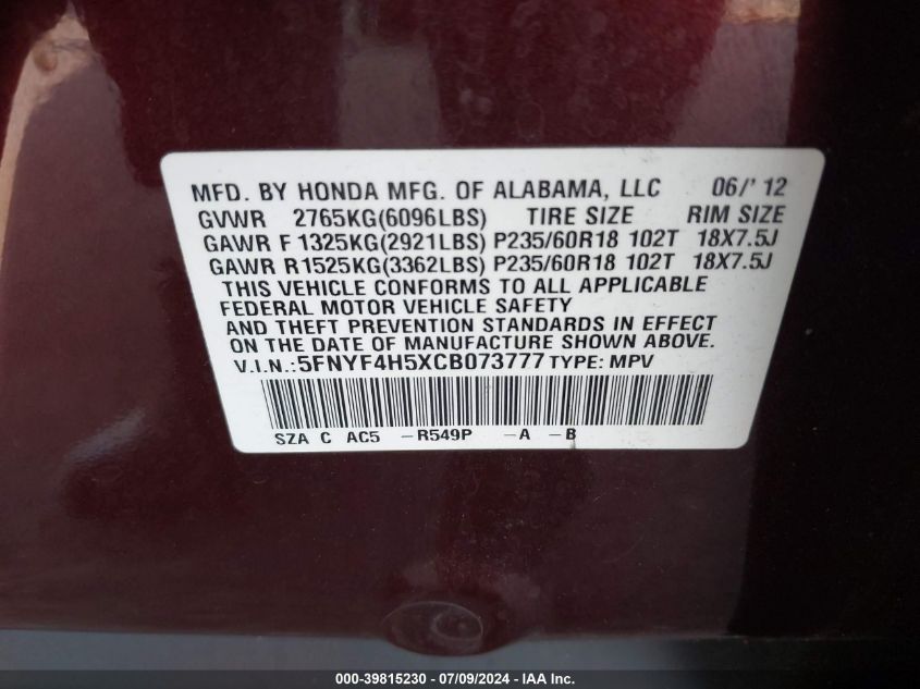 2012 Honda Pilot Exl VIN: 5FNYF4H5XCB073777 Lot: 39815230