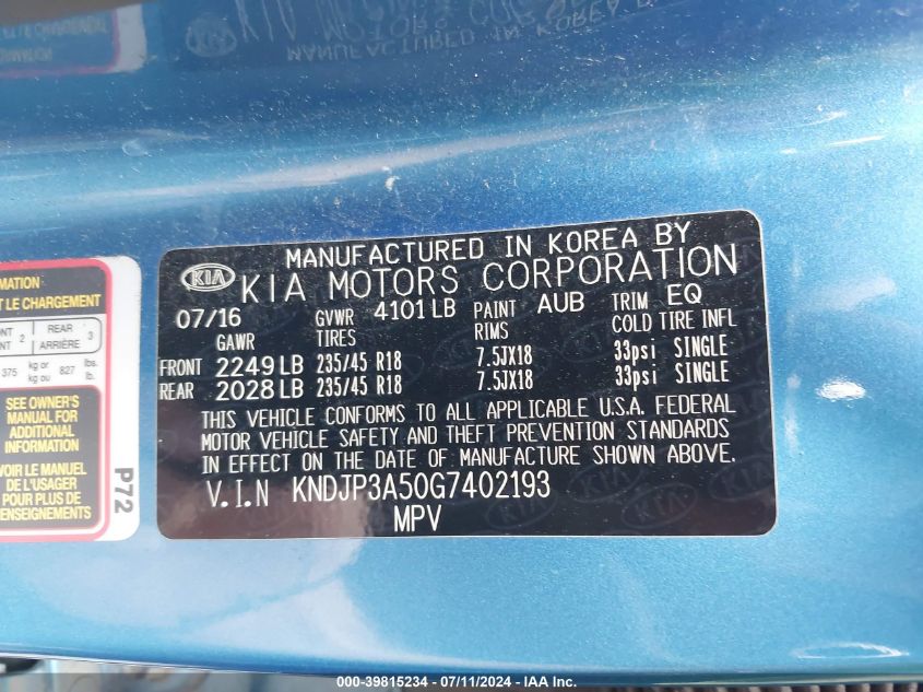 2016 Kia Soul + VIN: KNDJP3A50G7402193 Lot: 39815234