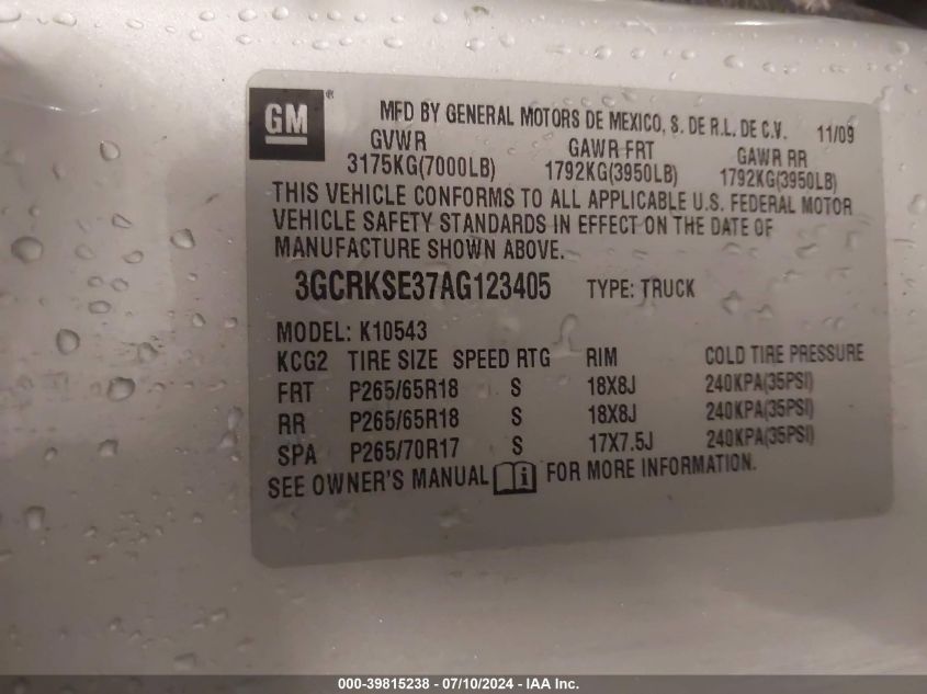 2010 Chevrolet Silverado K1500 Lt VIN: 3GCRKSE37AG123405 Lot: 39815238