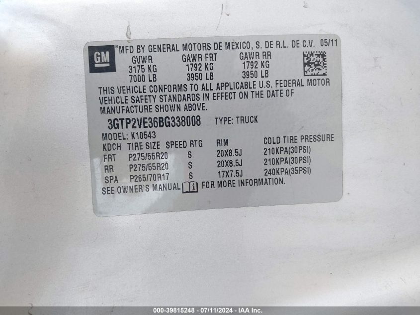 2011 GMC Sierra 1500 Sle VIN: 3GTP2VE36BG338008 Lot: 39815248