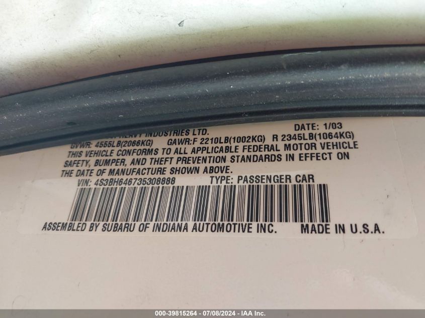 2003 Subaru Legacy Gt VIN: 4S3BH646735308888 Lot: 39815264