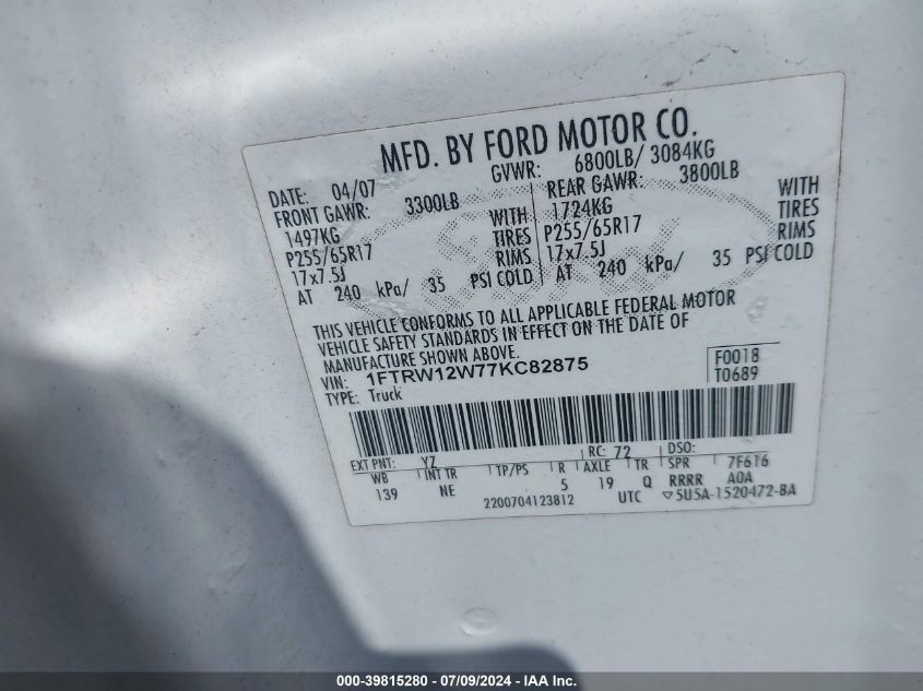 2007 Ford F-150 Xlt VIN: 1FTRW12W77KC82875 Lot: 39815280