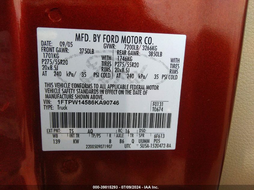 2006 Ford F-150 Supercrew VIN: 1FTPW14586KA90746 Lot: 39815293