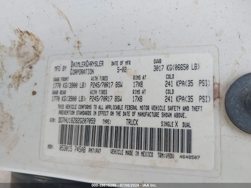 2002 Dodge Ram 1500 St VIN: 3D7HU18Z82G207059 Lot: 39815295