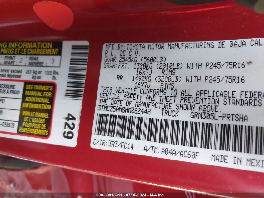 2017 Toyota Tacoma Sr5 V6 VIN: 3TMCZ5AN8HM082448 Lot: 39815311