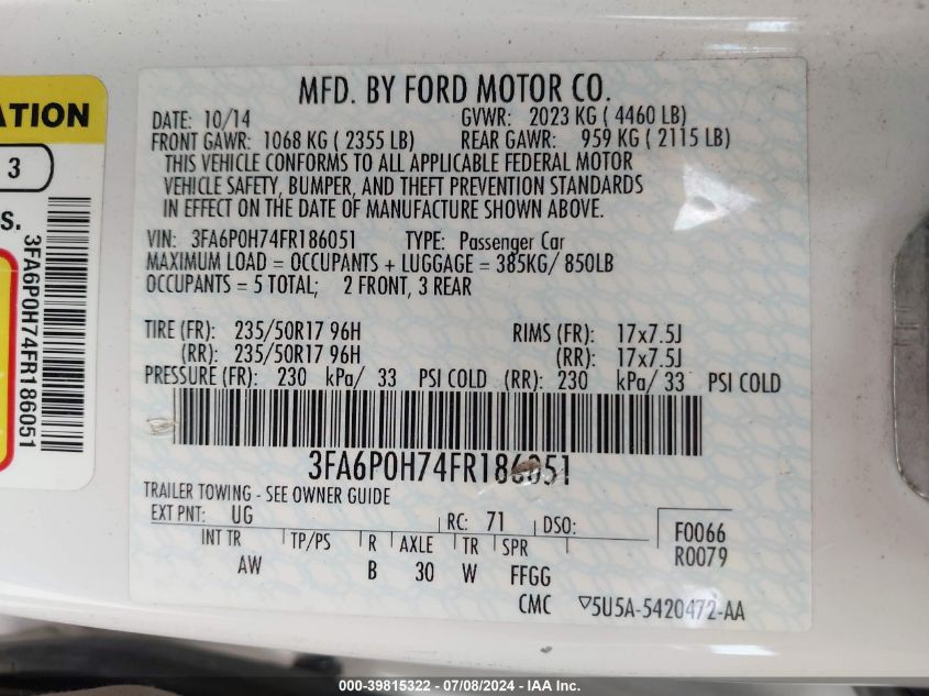 2015 Ford Fusion Se VIN: 3FA6P0H74FR186051 Lot: 39815322