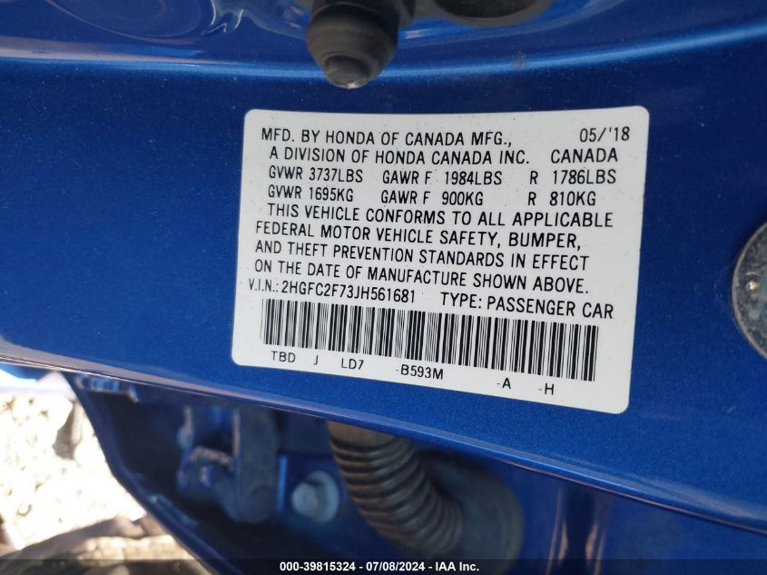 2018 Honda Civic Ex VIN: 2HGFC2F73JH561681 Lot: 39815324