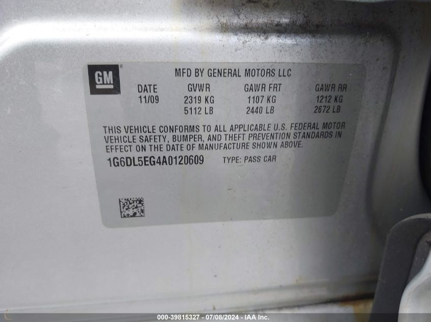 2010 Cadillac Cts Performance VIN: 1G6DL5EG4A0120609 Lot: 39815327