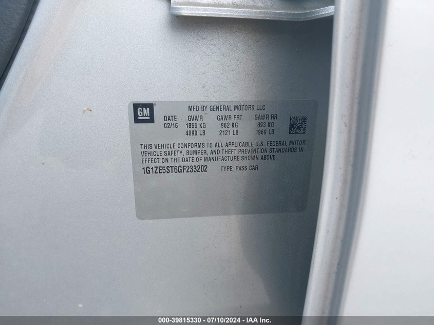 2016 Chevrolet Malibu Lt VIN: 1G1ZE5ST6GF233202 Lot: 39815330