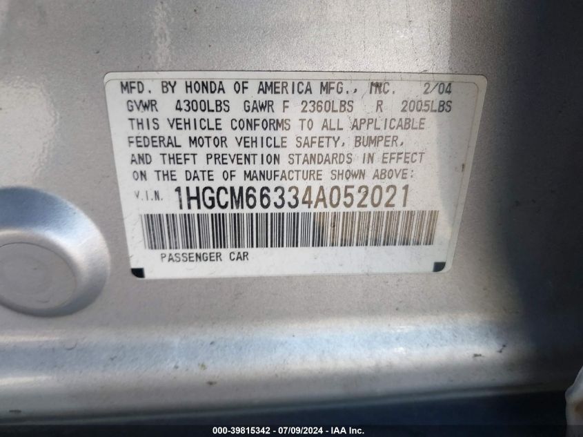 2004 Honda Accord 3.0 Lx VIN: 1HGCM66334A052021 Lot: 39815342