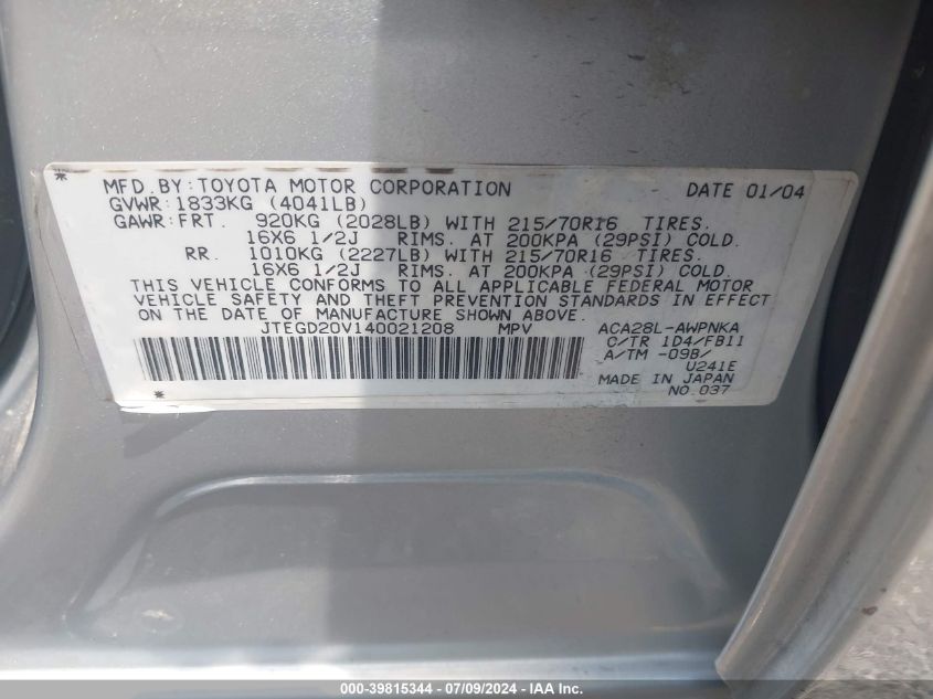 2004 Toyota Rav4 VIN: JTEGD20V140021208 Lot: 39815344