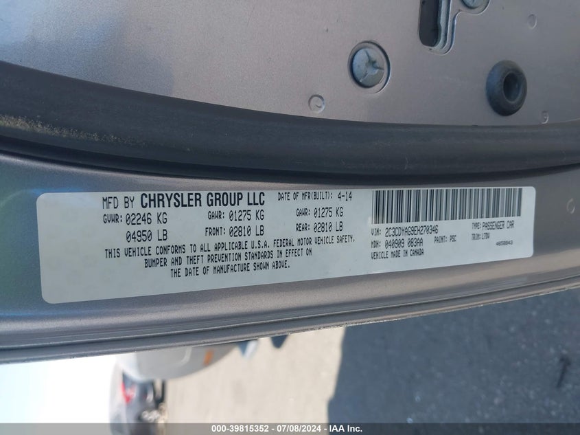 2014 Dodge Challenger Sxt VIN: 2C3CDYAG9EH270346 Lot: 39815352