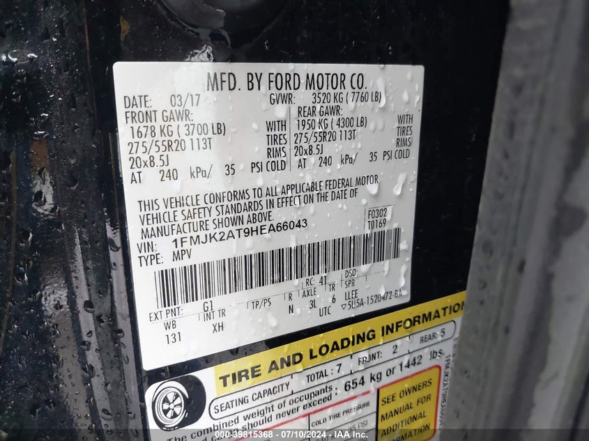 2017 Ford Expedition El Limited VIN: 1FMJK2AT9HEA66043 Lot: 39815368