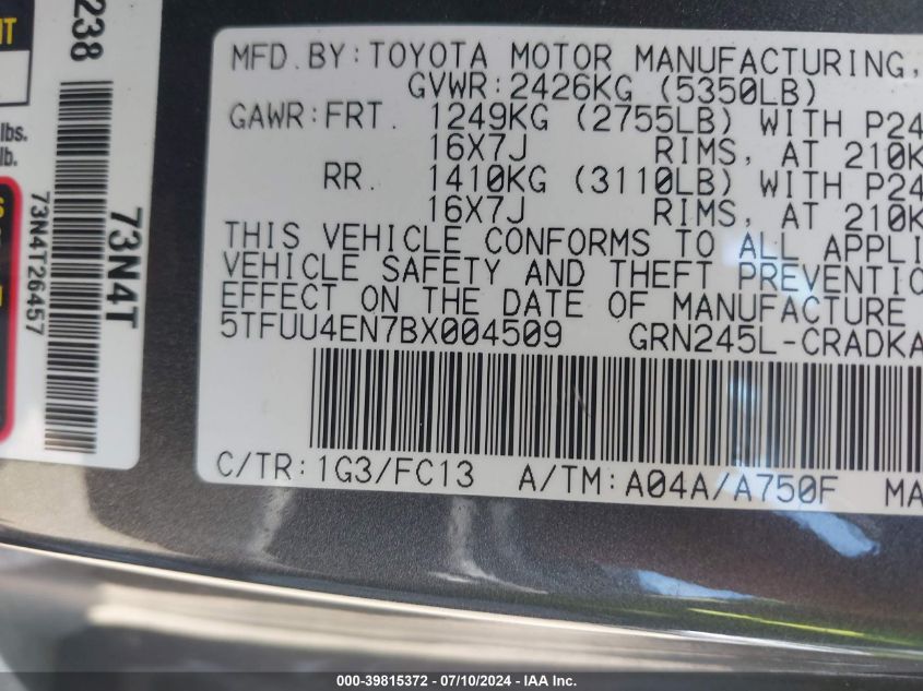 2011 Toyota Tacoma Base V6 VIN: 5TFUU4EN7BX004509 Lot: 39815372