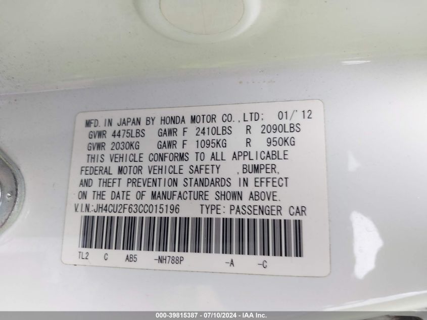 2012 Acura Tsx 2.4 VIN: JH4CU2F63CC015196 Lot: 39815387