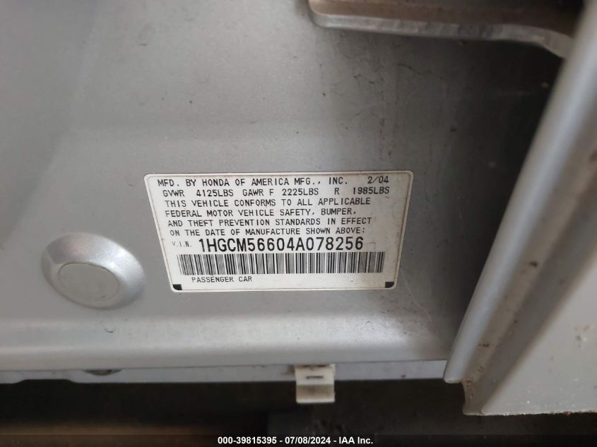 2004 Honda Accord Ex VIN: 1HGCM56854A035467 Lot: 39815395