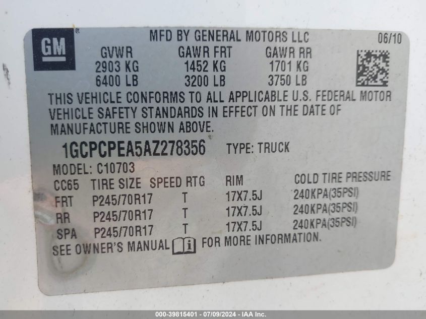 2010 Chevrolet Silverado 1500 Work Truck VIN: 1GCPCPEA5AZ278356 Lot: 39815401