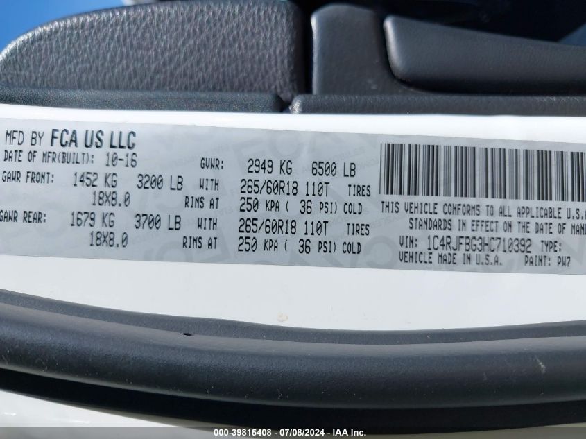 2017 Jeep Grand Cherokee Limited 4X4 VIN: 1C4RJFBG3HC710392 Lot: 39815408