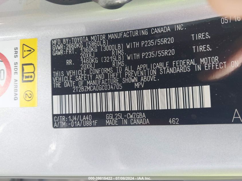 2016 Lexus Rx 350 VIN: 2T2BZMCA0GC034705 Lot: 39815422