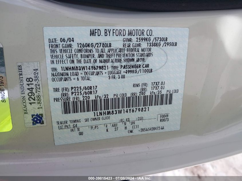 2004 Lincoln Town Car Ultimate VIN: 1LNHM83W14Y679821 Lot: 39815423