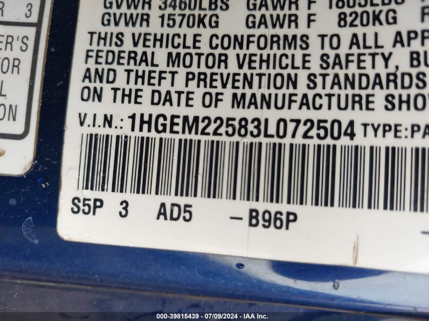 2003 Honda Civic Lx VIN: 1HGEM22583L072504 Lot: 39815439