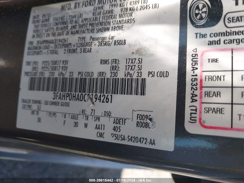 2012 Ford Fusion Se VIN: 3FAHP0HA0CR194261 Lot: 39815442