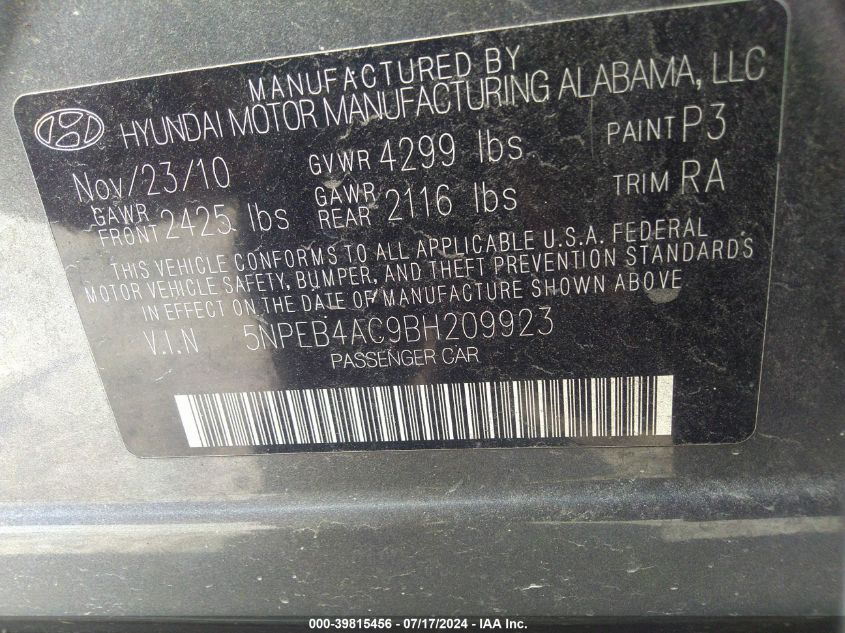 2011 Hyundai Sonata Gls VIN: 5NPEB4AC9BH209923 Lot: 39815456