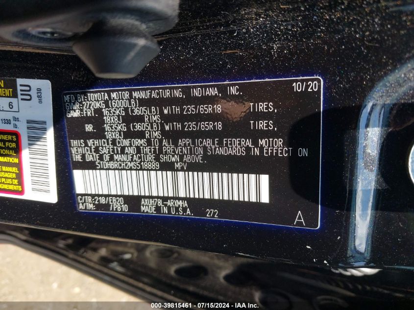 2021 Toyota Highlander Hybrid Xle VIN: 5TDHBRCH2MS518889 Lot: 39815461