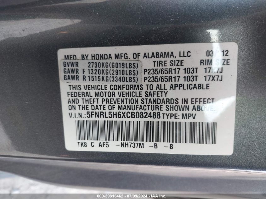 2012 Honda Odyssey Ex-L VIN: 5FNRL5H6XCB082488 Lot: 39815462