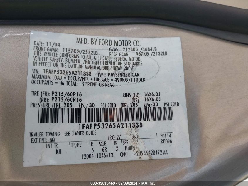 2005 Ford Taurus Se VIN: 1FAFP53265A211338 Lot: 39815469