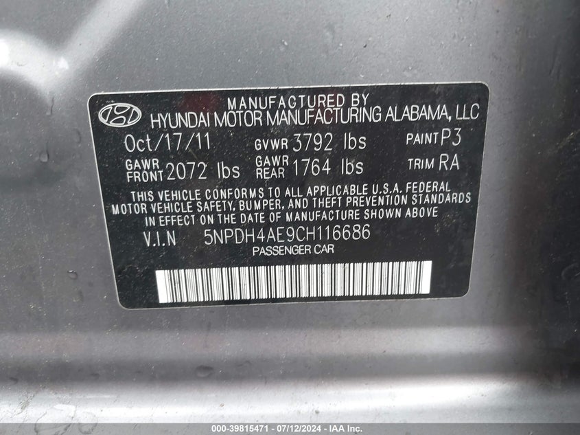 2012 Hyundai Elantra Gls VIN: 5NPDH4AE9CH116686 Lot: 39815471