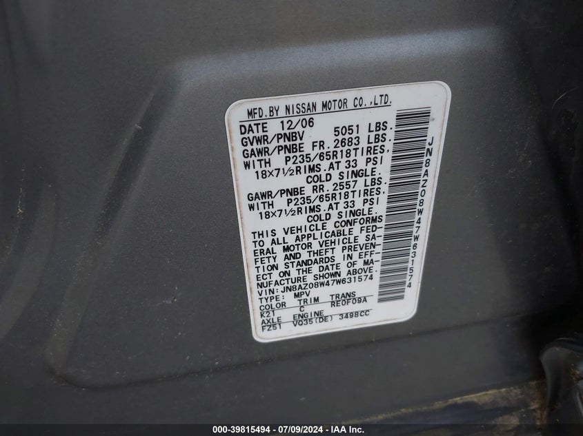2007 Nissan Murano Sl VIN: JN8AZ08W47W631574 Lot: 39815494