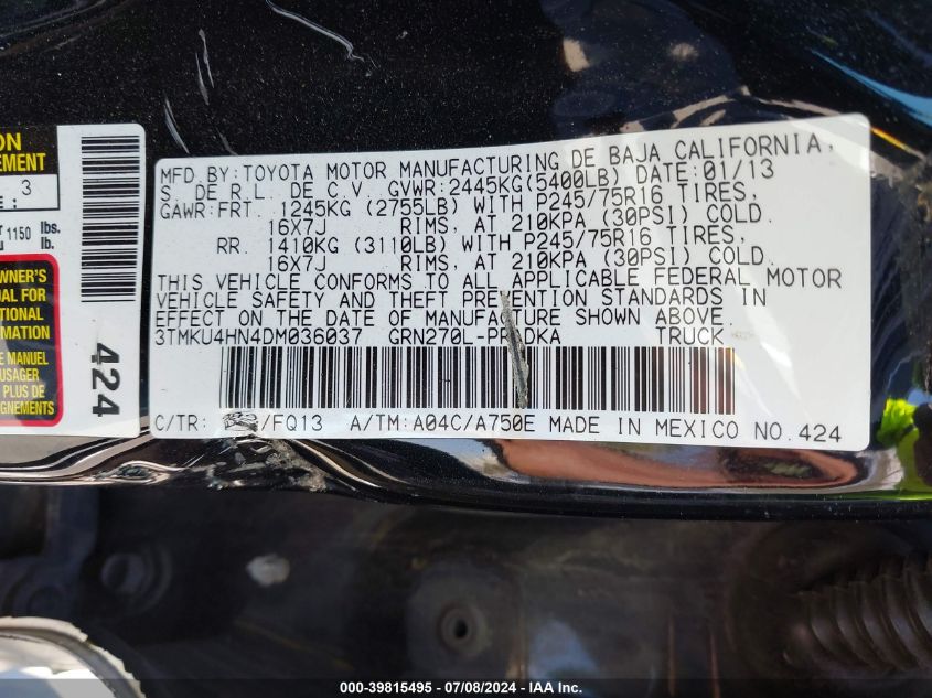 2013 Toyota Tacoma Dbl Cab Prerunner Lng Bed VIN: 3TMKU4HN4DM036037 Lot: 39815495