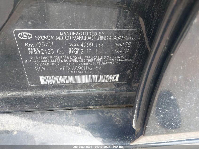 2012 Hyundai Sonata Gls VIN: 5NPEB4AC9CH427524 Lot: 39815503