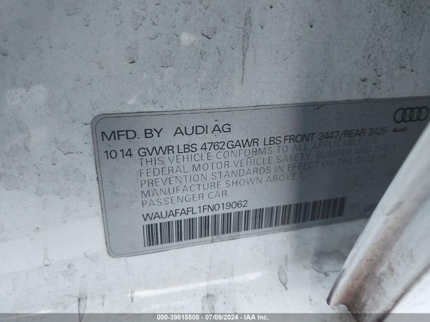 2015 Audi A4 Premium VIN: WAUAFAFL1FN019062 Lot: 39815508