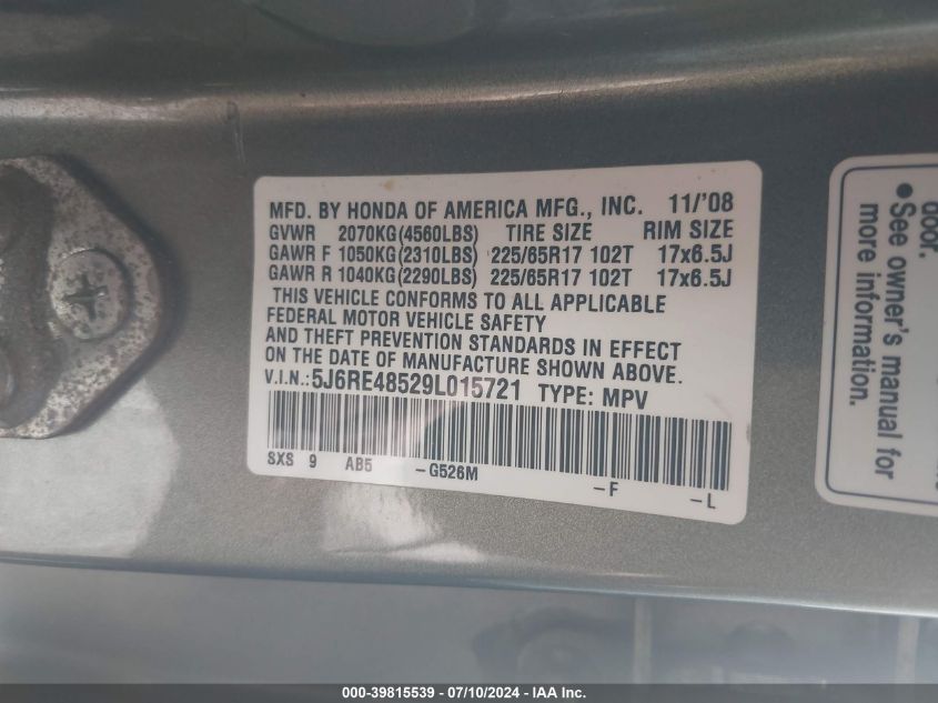 2009 Honda Cr-V Ex VIN: 5J6RE48529L015721 Lot: 39815539