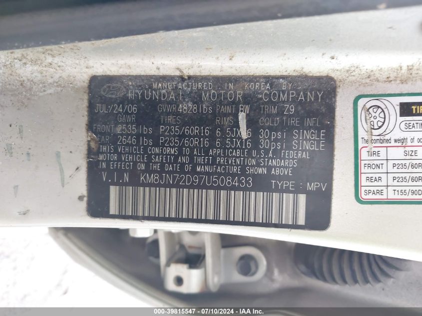 2007 Hyundai Tucson Limited/Se VIN: KM8JN72D97U508433 Lot: 39815547