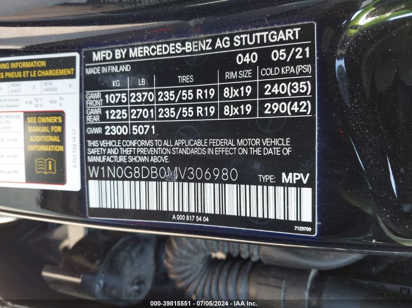 2021 Mercedes-Benz Glc 300 Suv VIN: W1N0G8DB0MV306980 Lot: 39815551