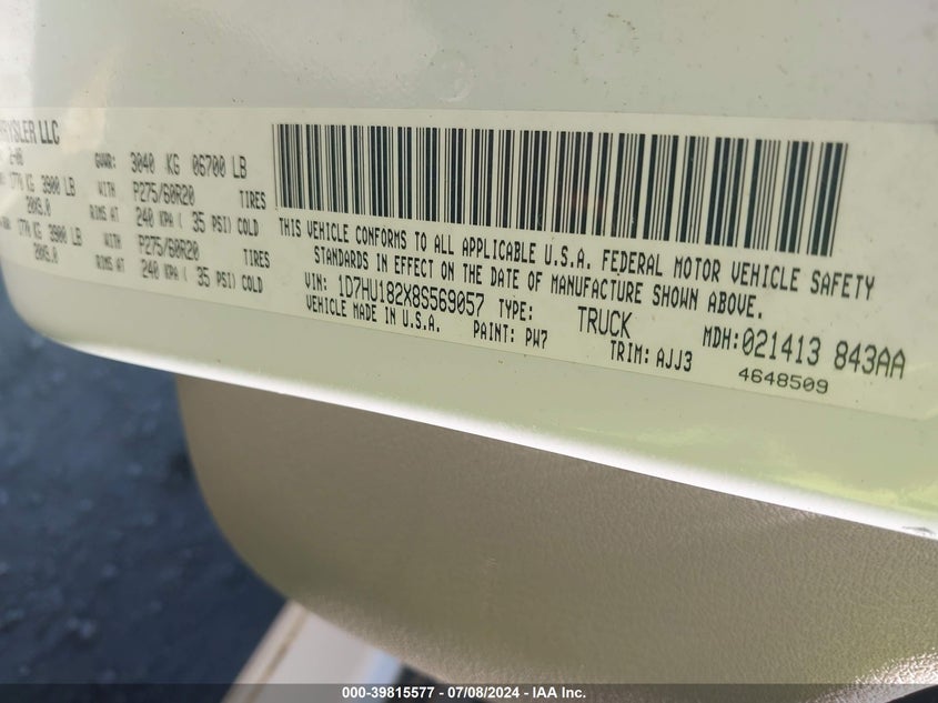 2008 Dodge Ram 1500 Slt VIN: 1D7HU182X8S569057 Lot: 39815577